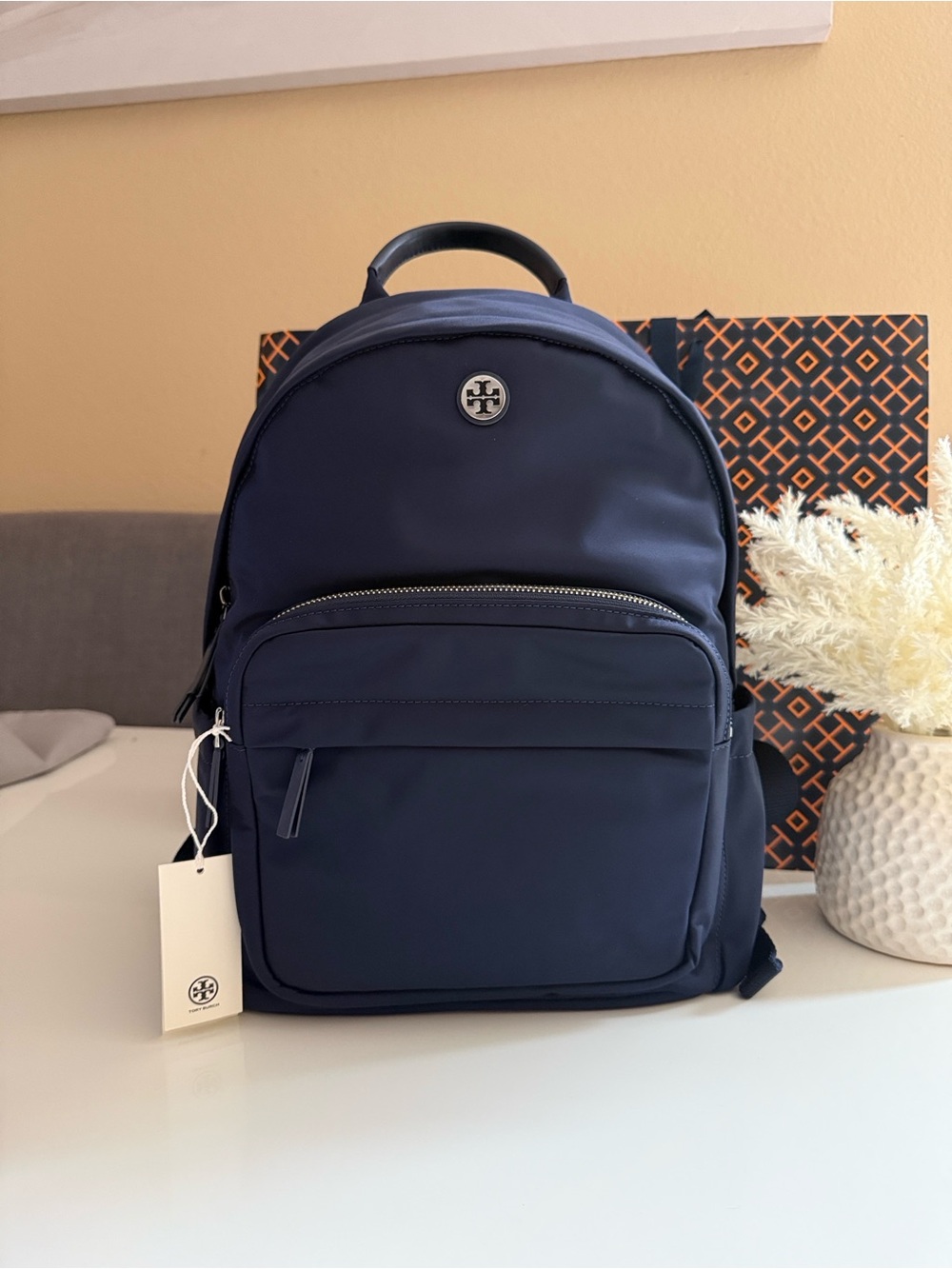 NWT. Tory Burch navy  nylon large backpack with silver hardware